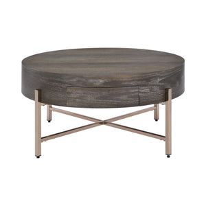 English Elm Drum Minimalist Coffee Table with Drawer in Light Brown & Champagne Metal Frame, Elegant Storage Blend B016P313004