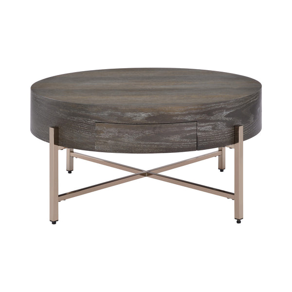 English Elm Drum Minimalist Coffee Table with Drawer in Light Brown & Champagne Metal Frame, Elegant Storage Blend B016P313004