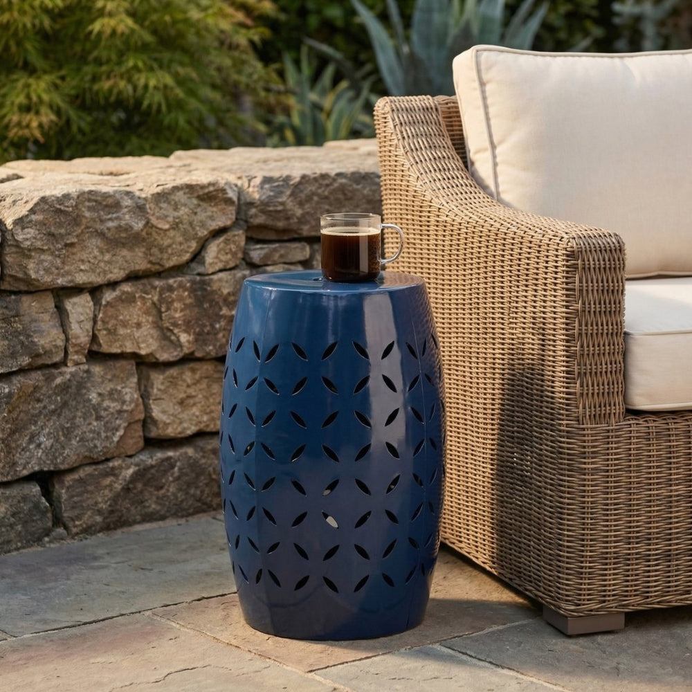 English Elm Lilac Barrel Iron Outdoor Accent Table with Leaf Cutout Pattern for Patio or Balcony 61305.00
