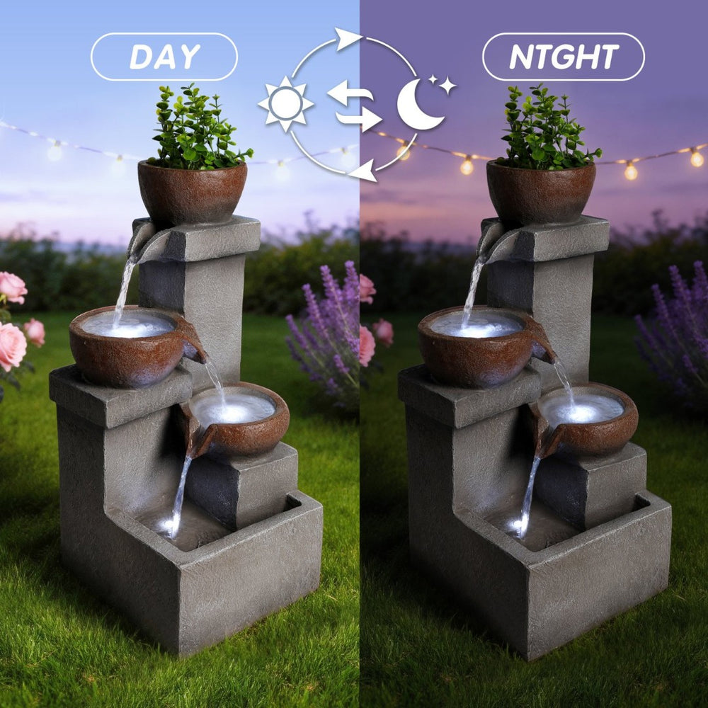 English Elm Outdoor Cascading Tiered Resin Stone Fountain with Led Lights and Integrated Planter W5397P462032