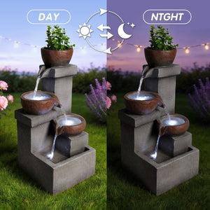 English Elm Outdoor Cascading Tiered Resin Stone Fountain with Led Lights and Integrated Planter W5397P462032