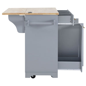 English Elm K&k Rolling Kitchen Island Rubber Wood Top Brass Hardware Built-in Outlets Storage Grey+Blue N707S299014G