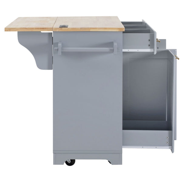 English Elm K&k Rolling Kitchen Island Rubber Wood Top Brass Hardware Built-in Outlets Storage Grey+Blue N707S299014G