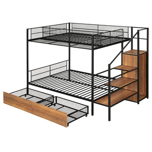English Elm Twin Metal Bunk Bed Twin-Over-Full with Built-In Drawer, Ladder Storage, Wardrobe & Trundle Utility Black SF000174AAB