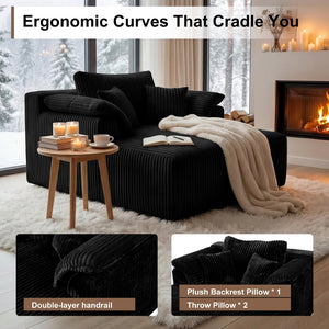 English Elm 60 Inch Oversized Corduroy Cloud Chaise Frameless Deep Seat Lounge for Living Room Black W1919P499870