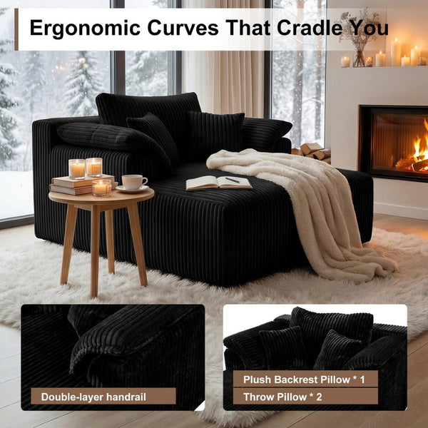 English Elm 60 Inch Oversized Corduroy Cloud Chaise Frameless Deep Seat Lounge for Living Room Black W1919P499870