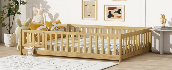 English Elm Twin Size Rubberwood Floor Bed with Safety Fence for Toddler Rooms Natural Finish W504P370533
