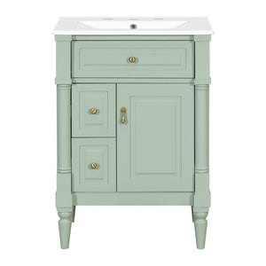 English Elm 24 Inch Freestanding Vanity with Ceramic Sink Rubberwood Frame Matte Finish Storage Green N725P356058F