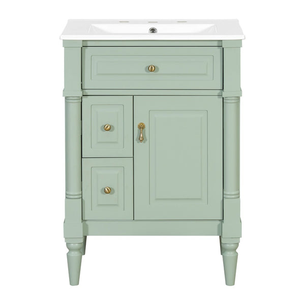English Elm 24 Inch Freestanding Vanity with Ceramic Sink Rubberwood Frame Matte Finish Storage Green N725P356058F