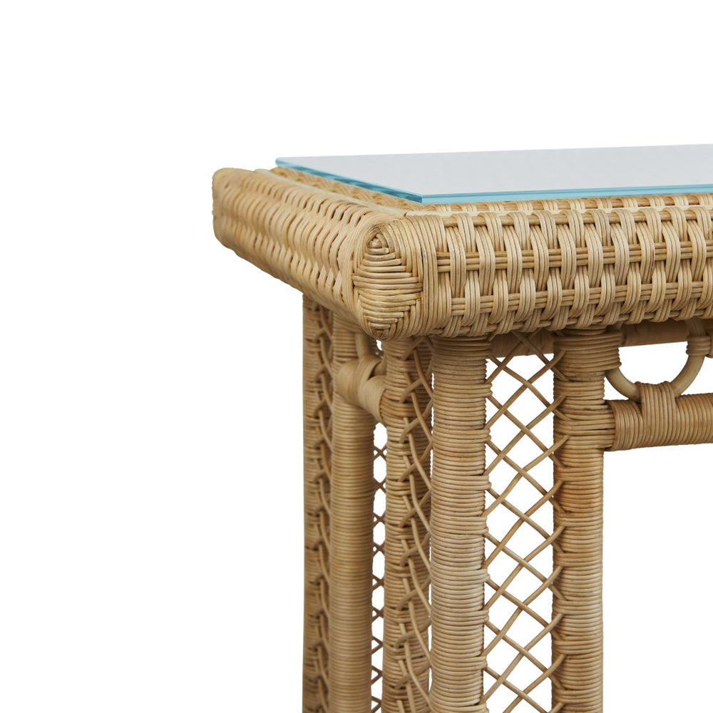 Chelsea House Hope Town Console With Hand‑Woven Rattan & Tempered Glass Top — Coastal Chic Entryway Sideboard, 62" 87005814