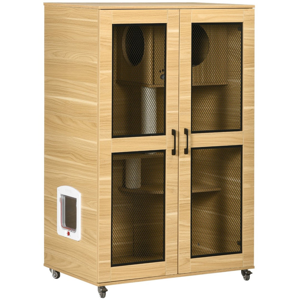 English Elm Pawhut Indoor Cat Enclosure Catio Villa with Scratching Posts Oak Furniture Style W2225P229287