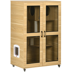 English Elm Pawhut Indoor Cat Enclosure Catio Villa with Scratching Posts Oak Furniture Style W2225P229287