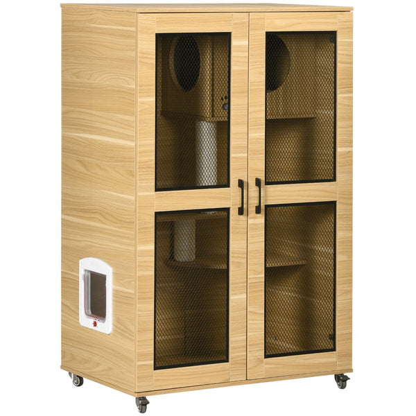 English Elm Pawhut Indoor Cat Enclosure Catio Villa with Scratching Posts Oak Furniture Style W2225P229287