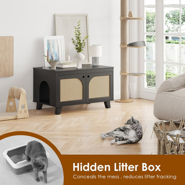 English Elm Flip Top Hidden Cat Litter Box Enclosure with Rattan Doors, Flip-Top Access, Odor Control, Stylish Table Ready Black T3623P354969