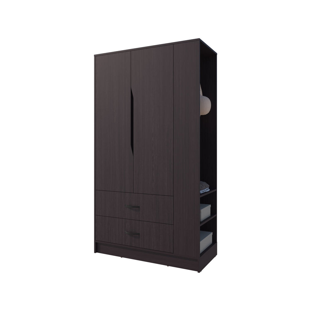English Elm Wenge 3-Door Wardrobe with Drawer, Open Side Shelf & Hanging Rods — Deep Finish, Durable Storage B062S01382