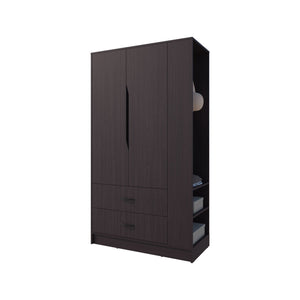 English Elm Wenge 3-Door Wardrobe with Drawer, Open Side Shelf & Hanging Rods — Deep Finish, Durable Storage B062S01382