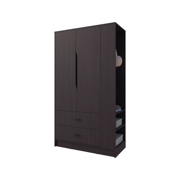 English Elm Wenge 3-Door Wardrobe with Drawer, Open Side Shelf & Hanging Rods — Deep Finish, Durable Storage B062S01382