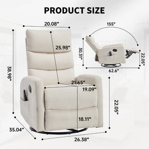 English Elm Heat Massage Swivel Rocker Recliner with Lumbar Nodes and Fabric Upholstery W3224P357559