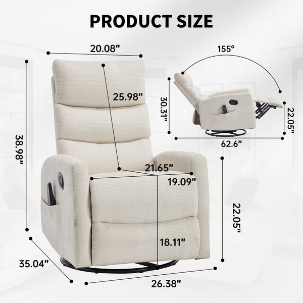 English Elm Heat Massage Swivel Rocker Recliner with Lumbar Nodes and Fabric Upholstery W3224P357559