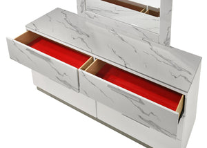 English Elm Mist White Lacquer Dresser with Marble-Effect Accents, 6 Spacious Drawers & Velvet-Lined Top Trays G150108674