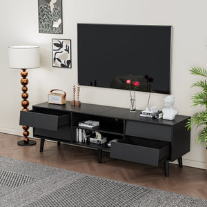 English Elm 63 Vintage Bevel TV Stand 63-inch Media Console with Drawers and Open Shelves, Rustic Artful Design Black W578P193299