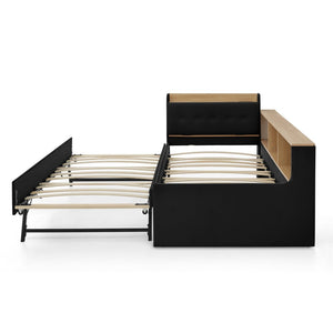 English Elm Twin Size Velvet Daybed With Adjustable Height Headboard, Storage, Trundle & Led Lights - Black W1413S00112-GIGA