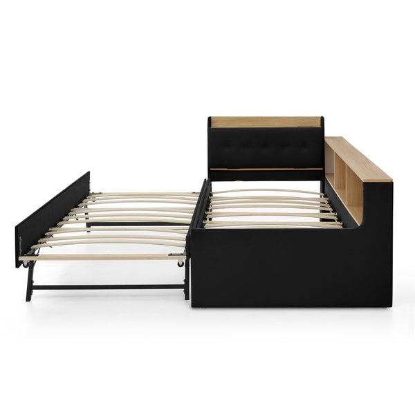 English Elm Twin Size Velvet Daybed With Adjustable Height Headboard, Storage, Trundle & Led Lights - Black W1413S00112-GIGA