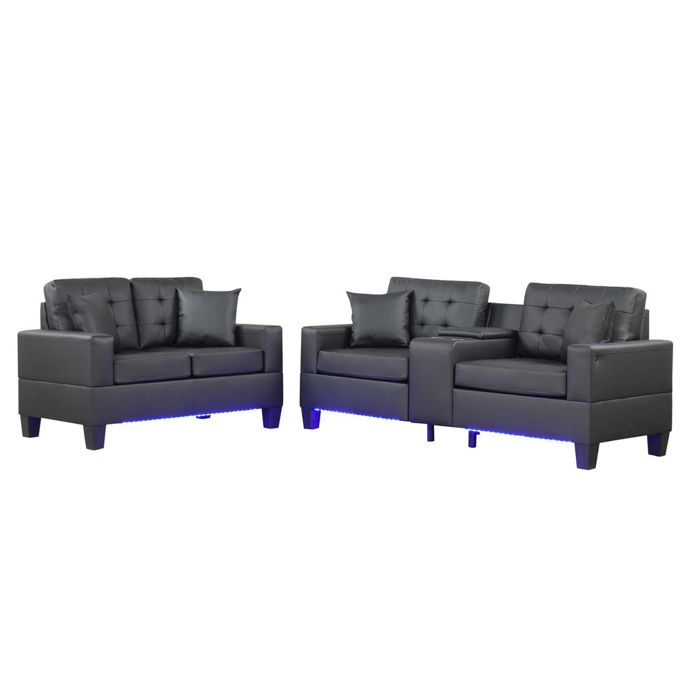 English Elm 2 Piece PVC Fabric Upholstered Living Room Set with LED Lights, USB Ports, Storage Console & Cupholders — Modern Comfort and Style for Home B016S00049