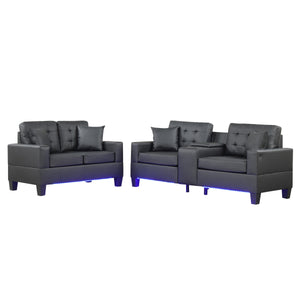 English Elm 2 Piece PVC Fabric Upholstered Living Room Set with LED Lights, USB Ports, Storage Console & Cupholders — Modern Comfort and Style for Home B016S00049