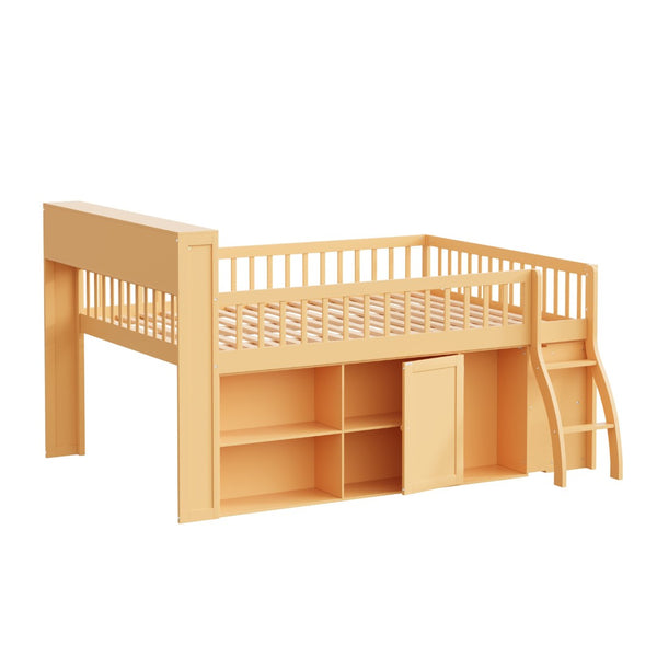 English Elm Full Size Kids Loft Bed with Led Headboard Open Shelving and Natural Wood Frame Natural N7090005024N