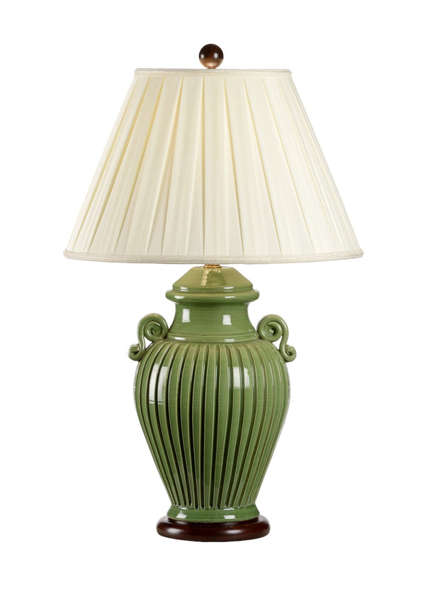 Wildwood Fluted Jar Lamp In Handcrafted Florentine Ceramic, Green Glaze With Mahogany Base For Ambient Light 8706