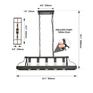 English Elm 34-Inch Industrial Pendant Light with 5 E26 Sockets, Adjustable Chain, Iron Linear Chandelier for Kitchen Matte Black W2312P374832