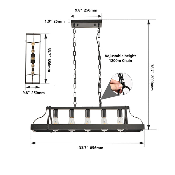 English Elm 34-Inch Industrial Pendant Light with 5 E26 Sockets, Adjustable Chain, Iron Linear Chandelier for Kitchen Matte Black W2312P374832