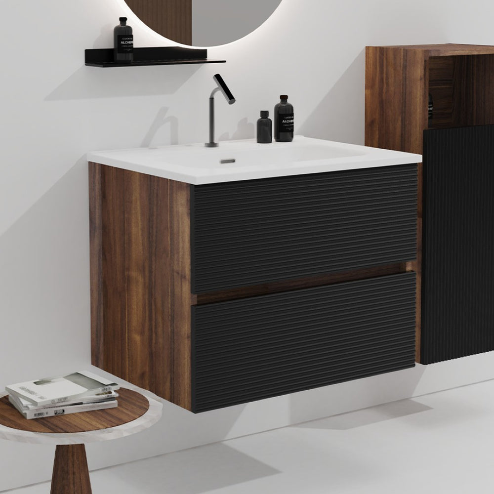 English Elm Gloria Floating Bathroom Vanity with Ceramic Sink Two-tone Walnut Modern Storage W1865S00123