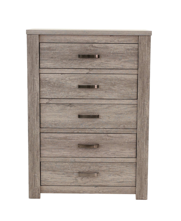 English Elm Bedroom Rustic Light Grey 5-Drawer Chest of Drawers — Compact Pine Storage Cabinet, Simple Stylish Design B011P236771