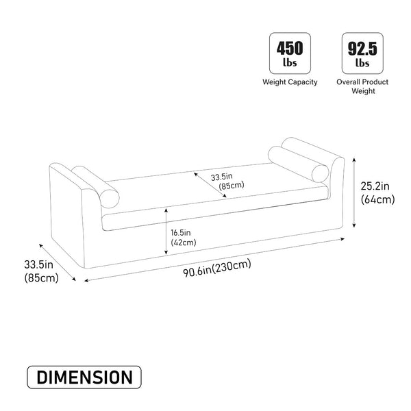 English Elm 90.55" Wide Chenille Chaise Bench with Bolster Pillows for Bedroom or Entryway Beige W3189S00021