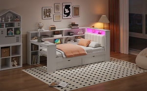 English Elm Wood Twin Size Platform Bed With Drawers, Charging Station, Led Light, Desk, & Upholstered Headboard N7090001046K-GIGA