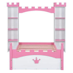 English Elm Castle-Shaped Twin Bed with Crown Footboard and Built-In Shelves, Sturdy MDF/Pine Frame for Kids White+Pink 82 L x 14.25 W x 6.75 H N733S177379K