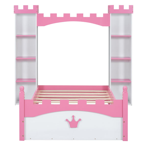 English Elm Castle-Shaped Twin Bed with Crown Footboard and Built-In Shelves, Sturdy MDF/Pine Frame for Kids White+Pink 82 L x 14.25 W x 6.75 H N733S177379K