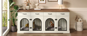 English Elm 70.8" Dual Dog Kennel Console Mdf Cabinet with Arched Iron Doors and Four Drawers N704G201616A
