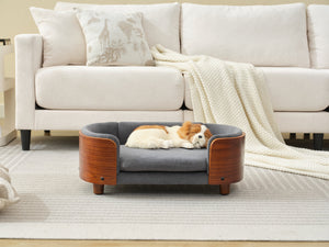 English Elm Scandinavian Elevated Pet Sofa Bed with Walnut Bent Wood Back, Velvet Stain-Resistant Fabric, Cozy Rest Dark Gray W794125914