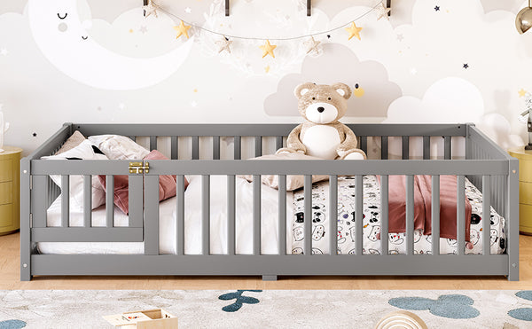 English Elm Full Floor Bed with Safety Guardrails and Play Door for Kids, Low Profile Pine Frame, 550lb Capacity Gray W1580P338951