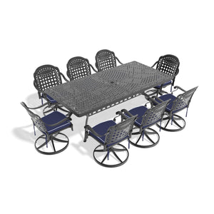 English Elm 9-Piece All-Weather Cast Aluminum Dining Set With 8 Swivel Chairs & Rectangular Table For Outdoor Fun W1710S00366