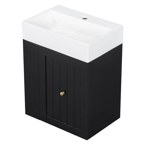English Elm 20-Inch Compact Bathroom Vanity with Ceramic Sink, Wall-Mounted MDF Cabinet, Modern Space-Saver Design Black N725P314023B