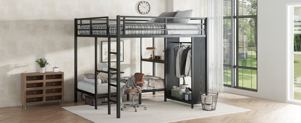 English Elm King Metal Bunk Bed King over Twin XL with Built-In Wardrobe, Foldable Desk, Shelf & Sturdy MDF W1580S00111