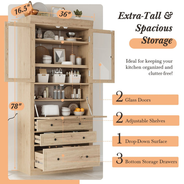 English Elm Topmax Shaker Pantry Cabinet with Drawers Power Outlet and Glass Doors SP000094AAA