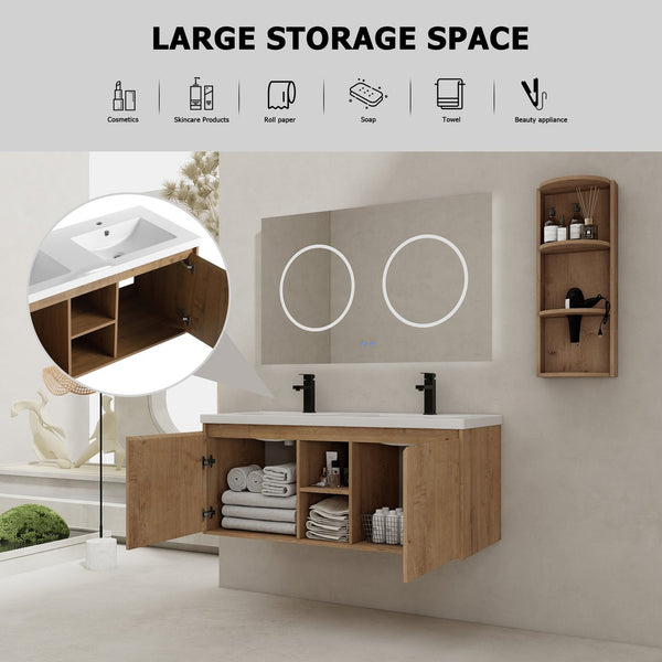 English Elm 48" Wall-Mounted Bathroom Vanity With Double Sink, Soft-Close Doors & Storage Rack For Modern Homes W999S00346