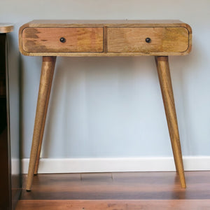 English Elm Solid Wood Oak-Ish Curved Hallway Table With 2 Drawers, Nordic Design, Light Brown Finish, Artisan Craftsmanship B182P186296-GIGA