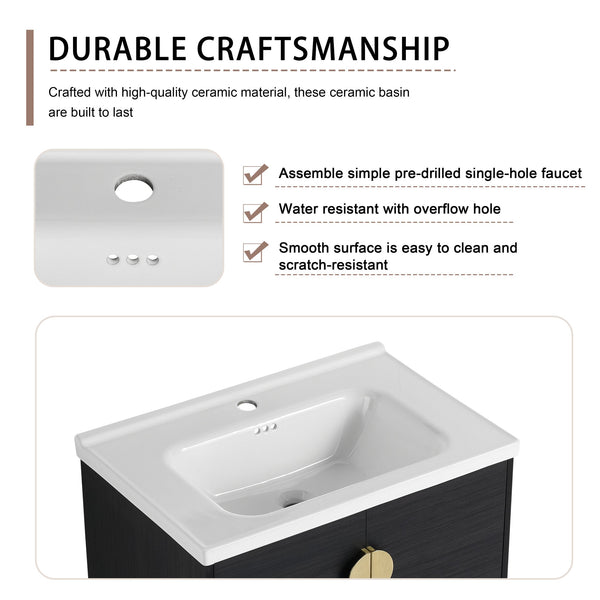 English Elm 28" Wall-Mounted Bathroom Vanity & Ceramic Sink With Side Cabinet, Soft-Close Doors For Modern Homes W999S00329