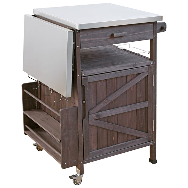 English Elm K&K 40.5" Outdoor Grill Cart with 201 Stainless Top, Solid Fir Storage, Drop Leaf & Lockable Wheels Brown N707P228272Z